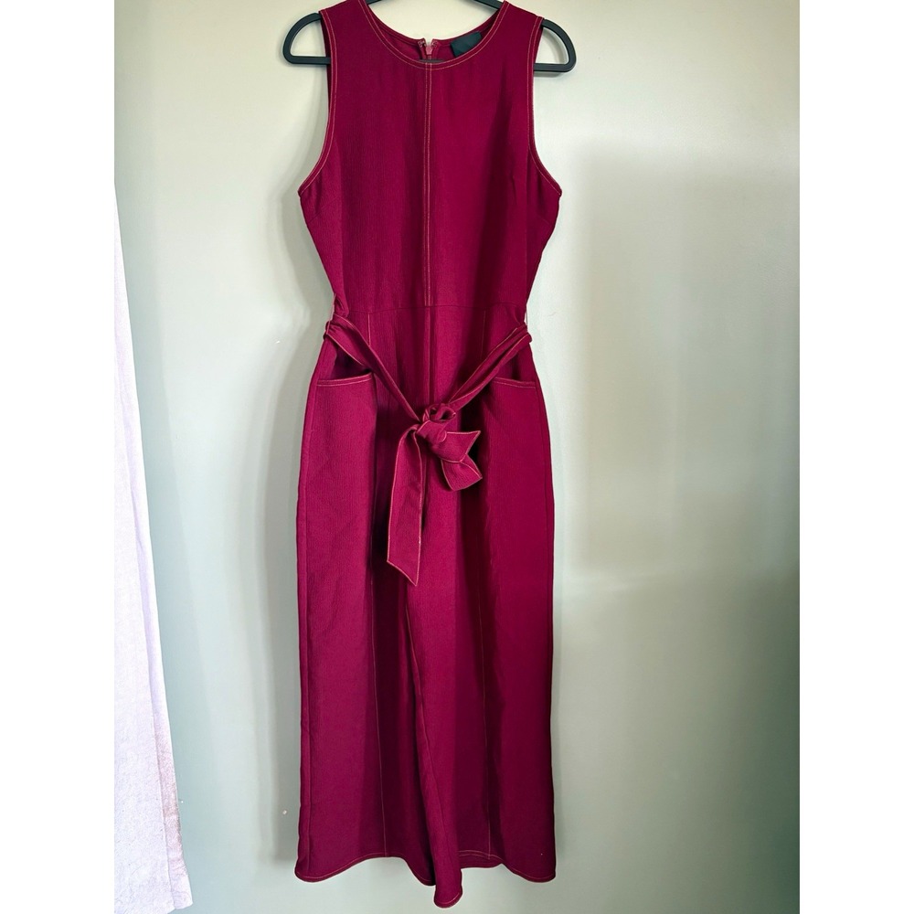 Greylin Anthropologie NWT Women's Burgundy Solid Wide-Leg Belted Jumpsuit L
